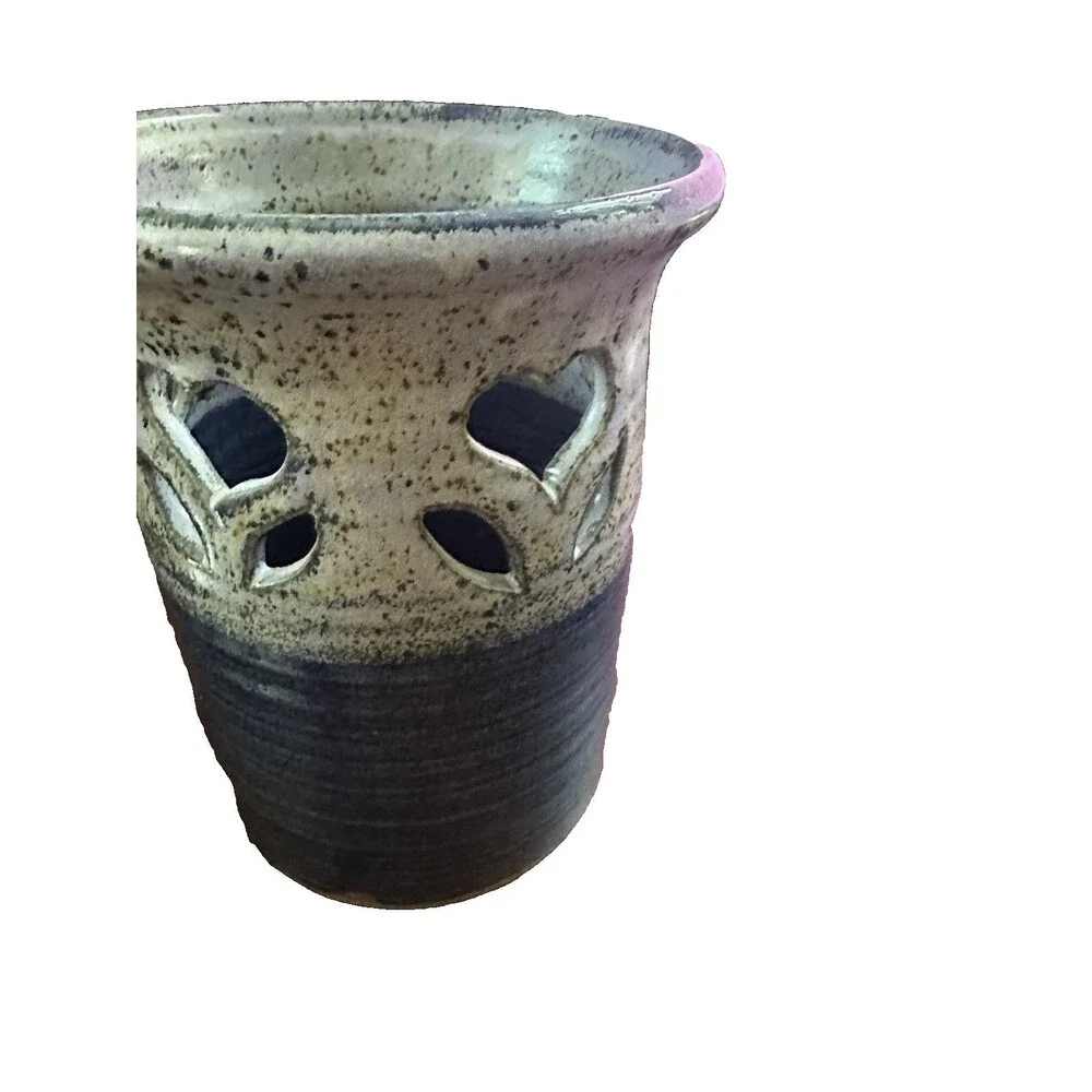 Paul Corbin Art Studio Pottery Stoneware Blue Gray Floral Cutout Utensil Holder